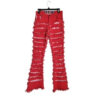 Funky Distressed Flare Ripped Frayed Shredded Denim Pants Red Junior XL 13 28x32